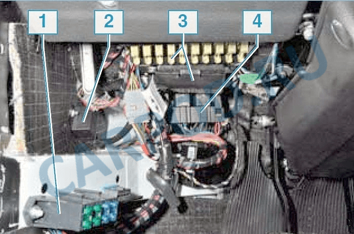 Основные компоненты находятся внизу панели приборов слева от руля: 1 — блок предохранителей системы управления двигателем; 2 — реле очистителя лобового стекла; 3 — главный монтажный блок предохранителей; 4 — блок реле системы управления двига­телем